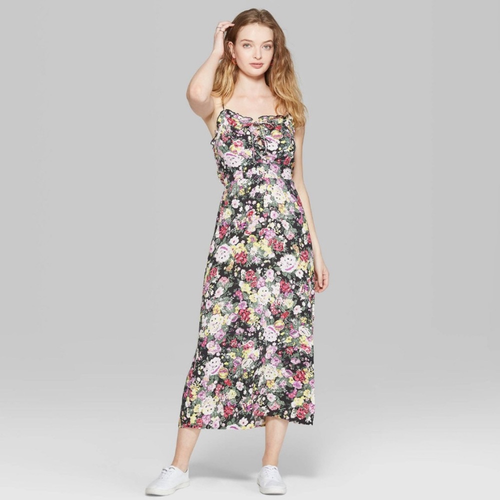 Wild Fable Floral Print Strappy Tie Front Midi Slip Dress